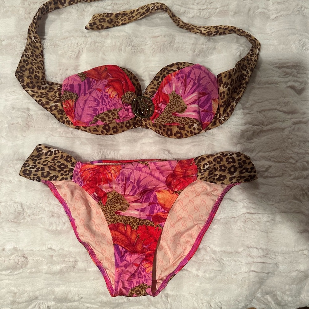 Leopard and Floral Print Bikini Set
